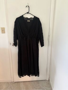 Kiyonna Black Lace Wrap-Style Midi Dress